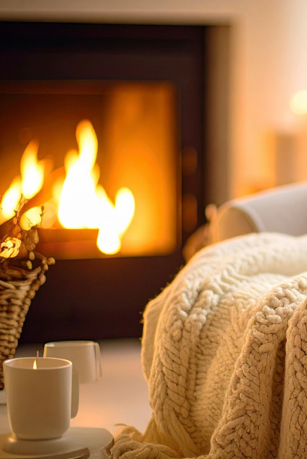 Cozy Snug life living room with a fireplace, candle, and blanket