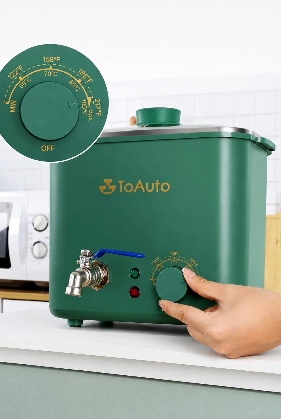 Green wax melting appliance with a hand adjusting a dial, branded 'ToAuto', on a white countertop.