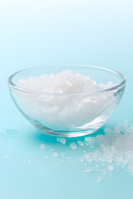 Clear glass bowl filled with epsom salts on a light blue background. These epsom salts will be used to make DIY bath soaks