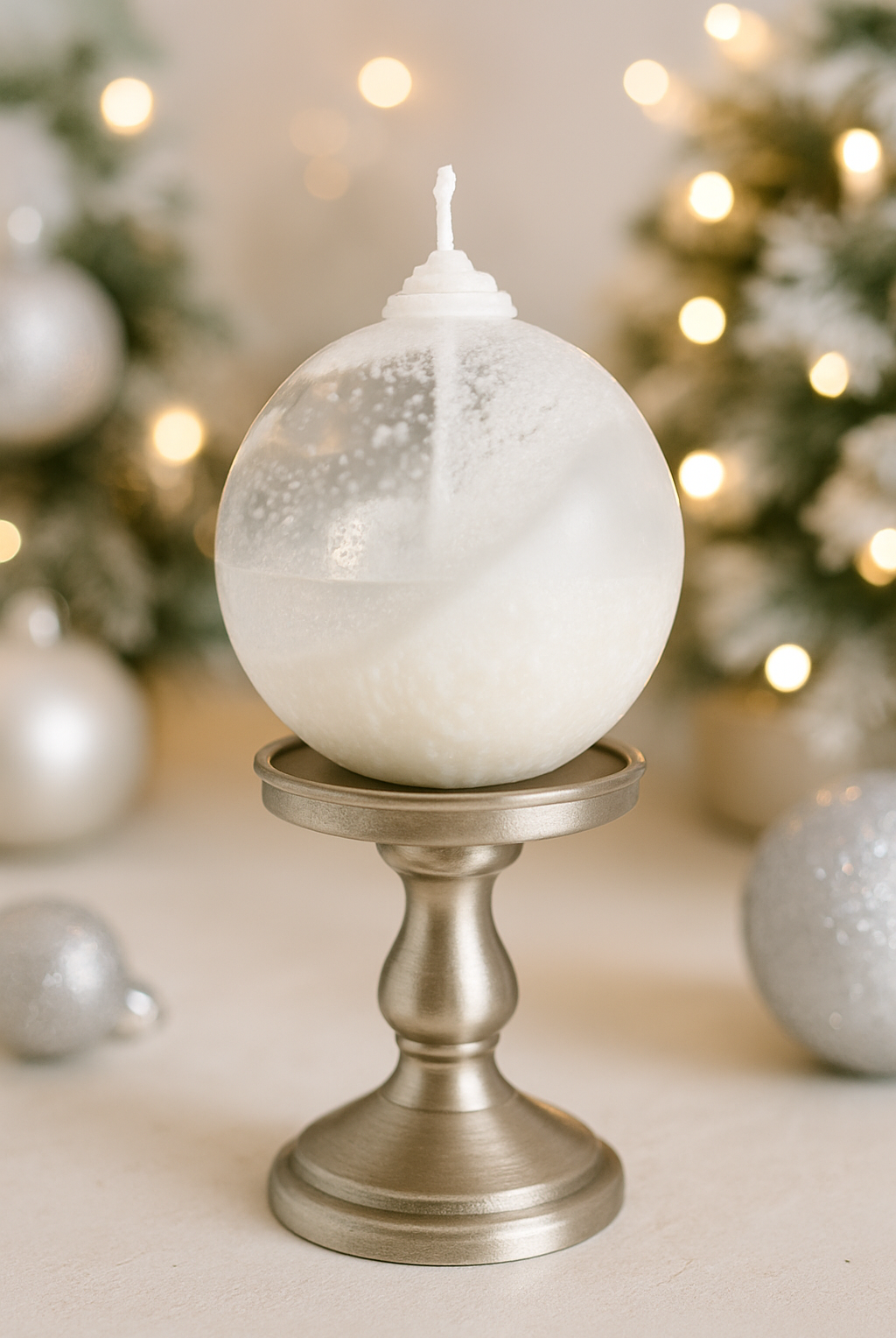 Decorative candle on a metallic stand with Christmas tree and ornaments in the background made with Christmas Ball Silicone Mold. This product is sold by Candlehaven.ca for candle making in Canada.