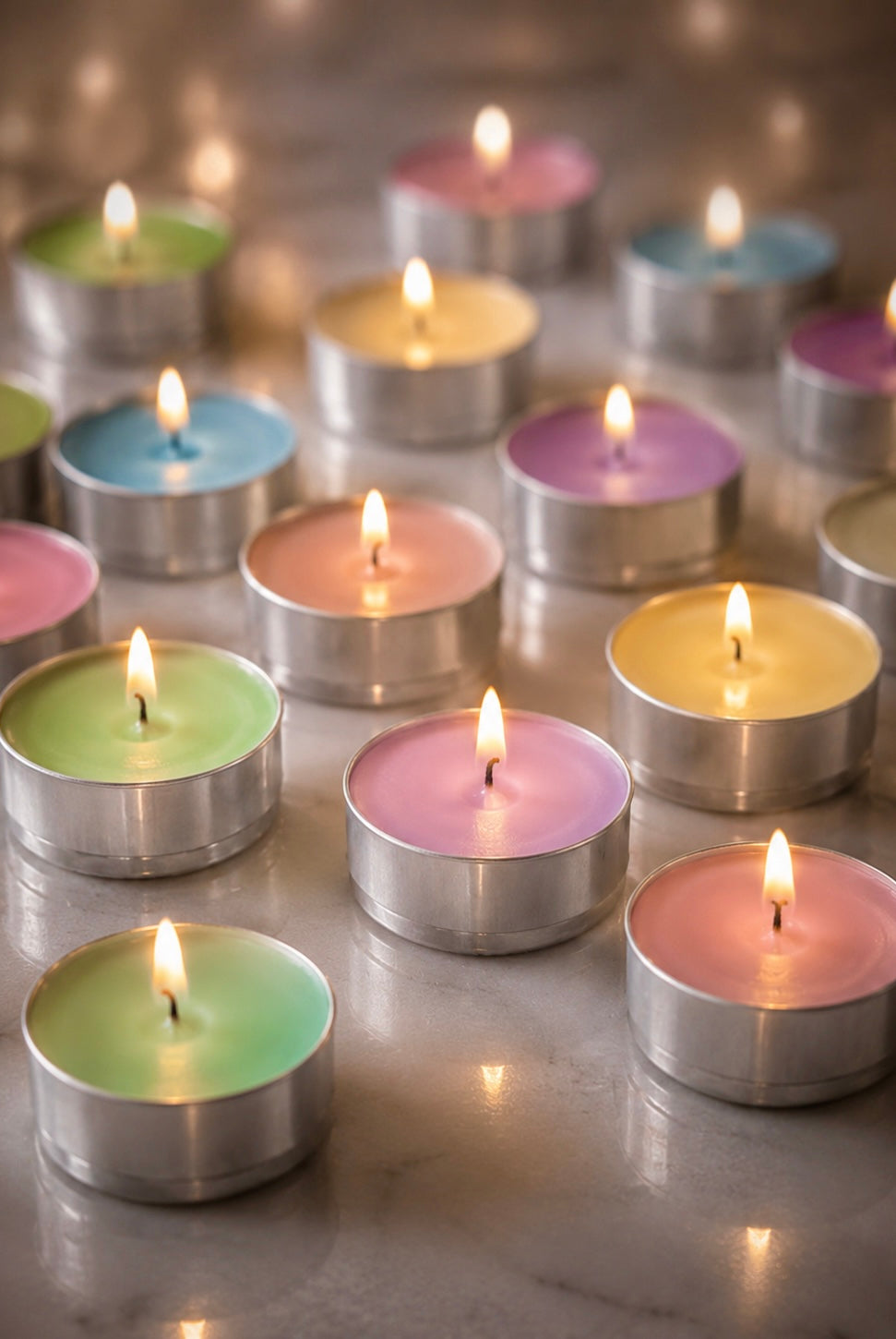 Assorted colorful tealight candles on a reflective surface