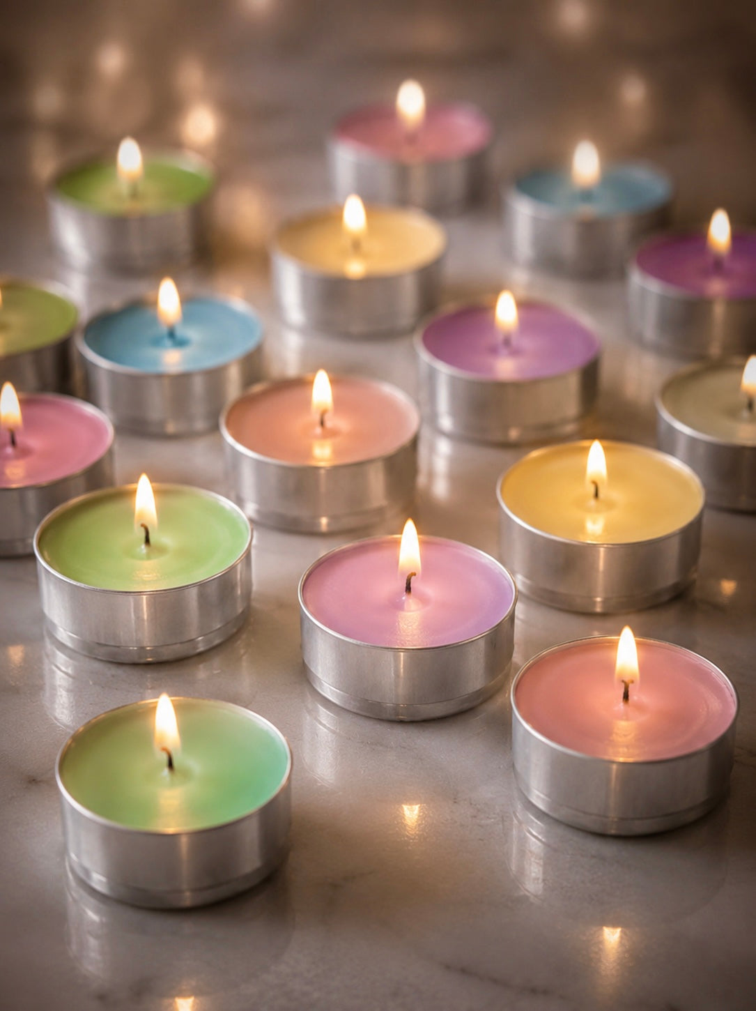 Assorted colorful tealight candles on a reflective surface