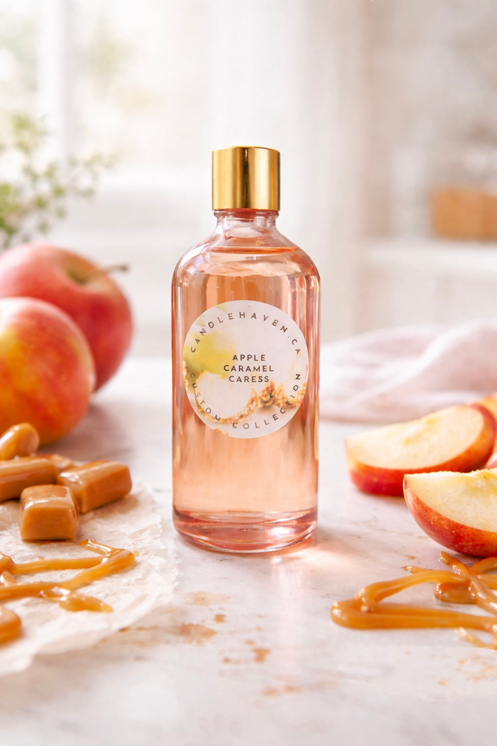 Candlehaven bottle of Apple Caramel Caress fragrance oil with apple and caramel drizzle on a light background