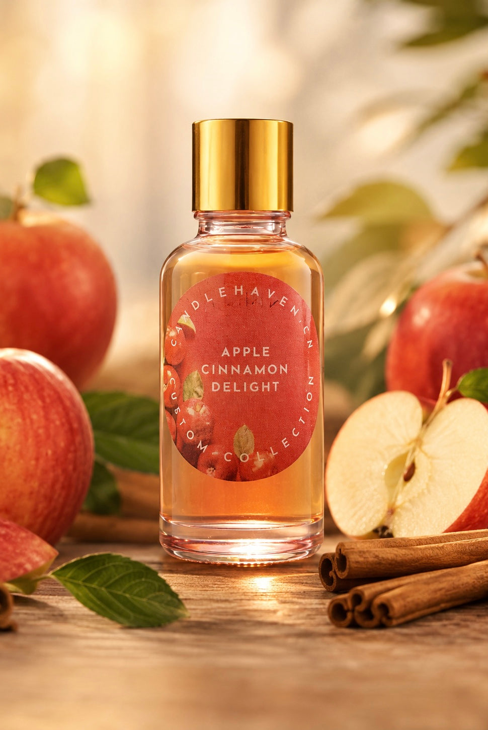 Bottle of 'Apple Cinnamon Delight' fragrance oil by candlehaven with apples and cinnamon sticks on a wooden surface