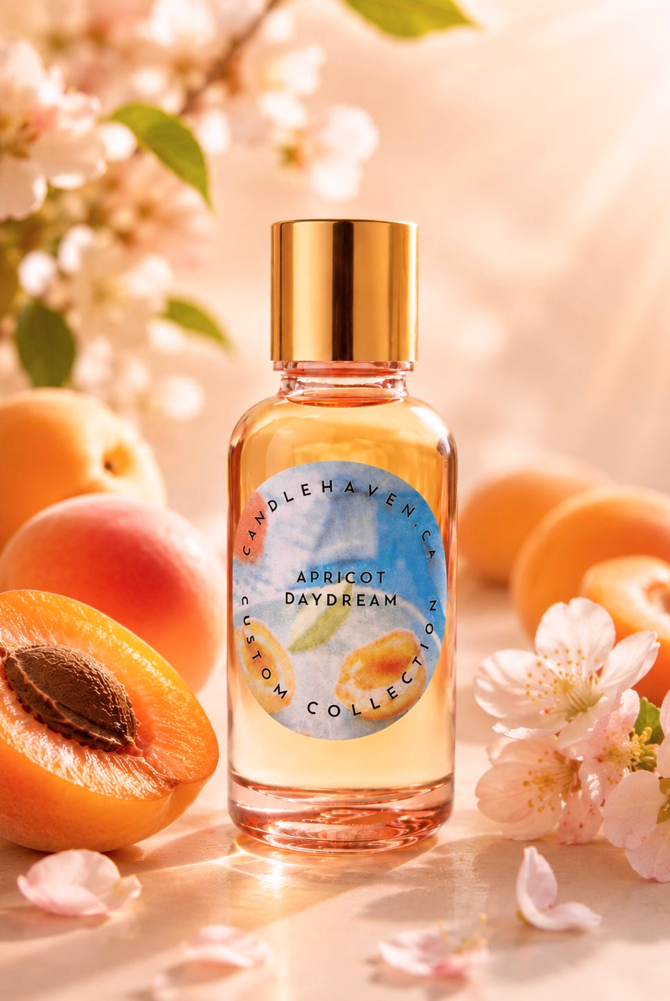 Bottle of 'Apricot Daydream' candle fragrance oil by Candlehaven.ca surrounded by apricots and flowers on a soft background