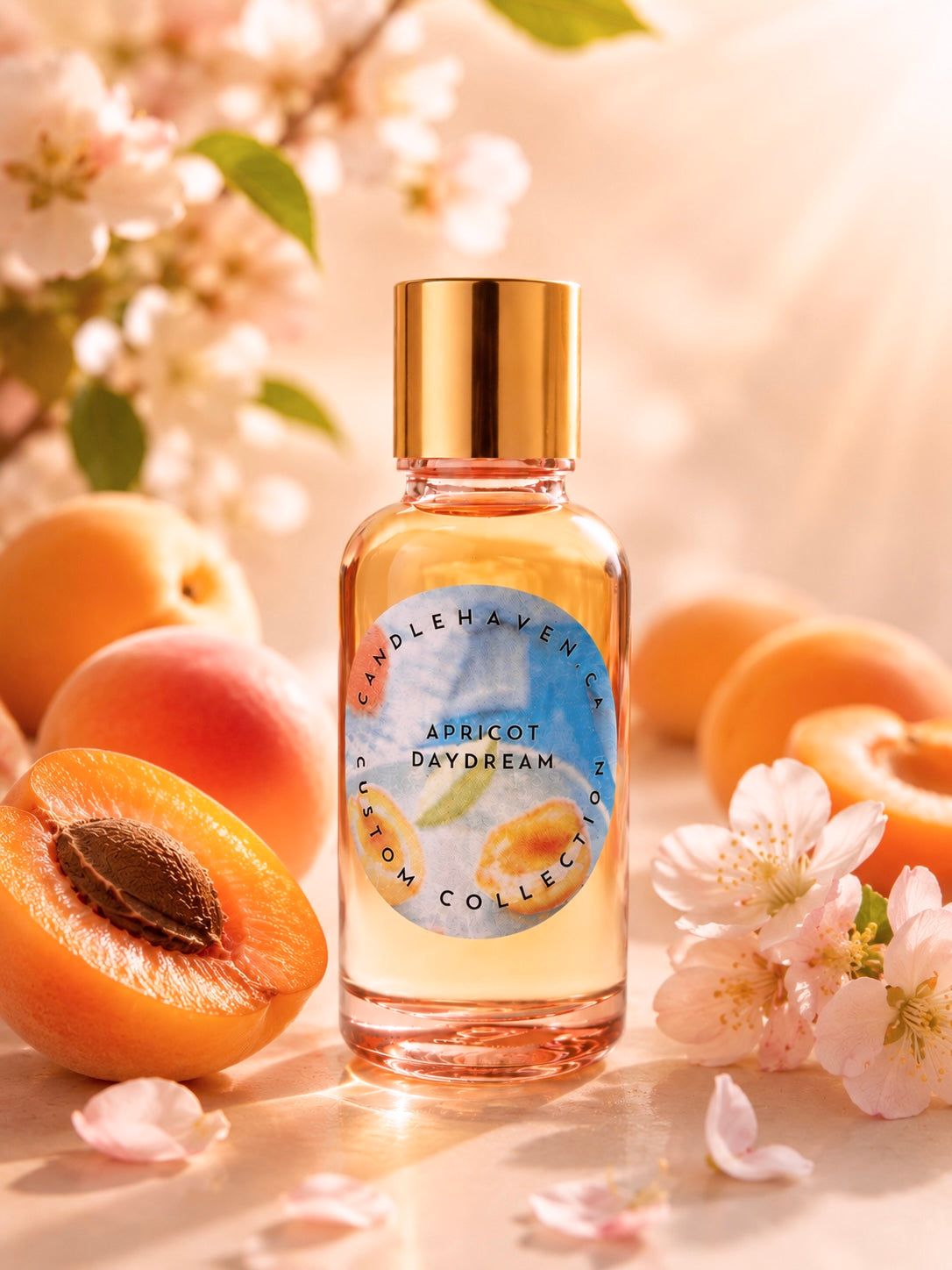 Bottle of 'Apricot Daydream' candle fragrance oil by Candlehaven.ca surrounded by apricots and flowers on a soft background
