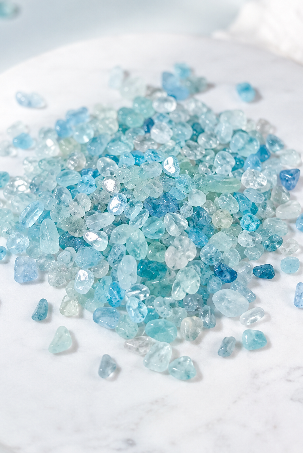 Aquamarine mini chips laid on a light background