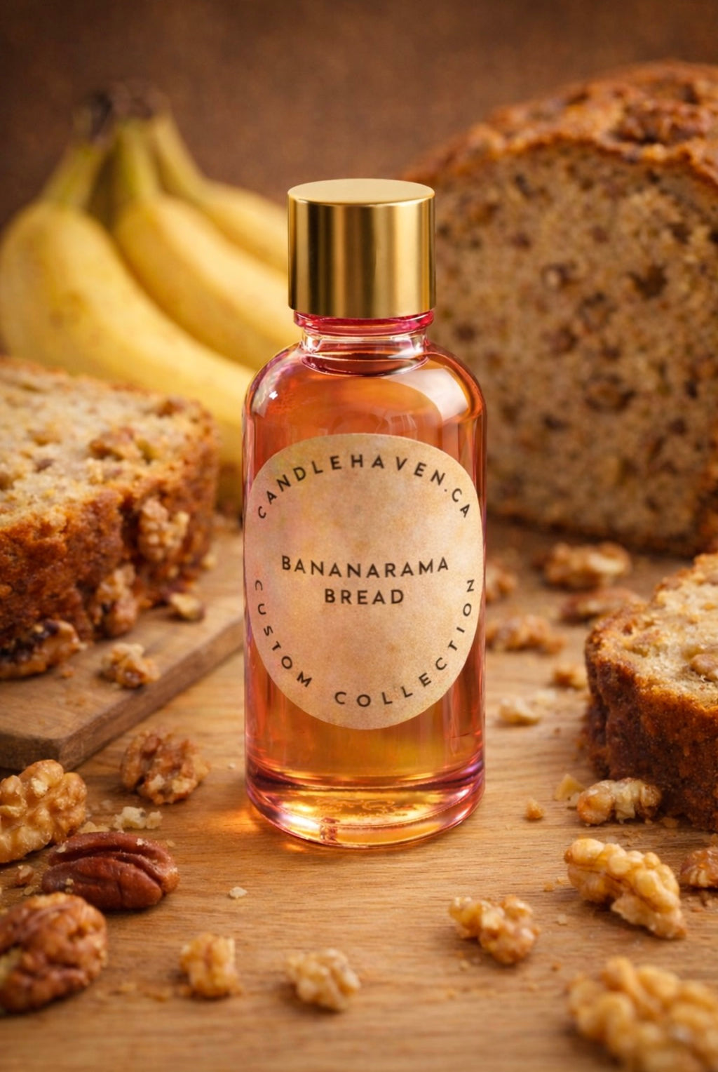 Bottle of Candlehaven.ca Bananarama Bread perfume with banan bread and bananas in the background