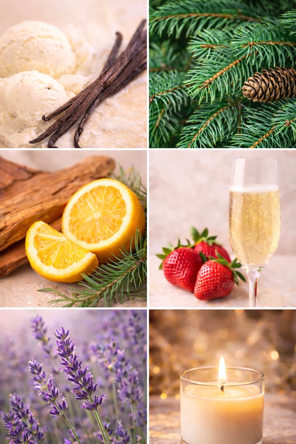 Best Sellers Fragrance Oil Collection for candles and soaps | Collage of vanilla beans, lemon slices, strawberries, lavender, and a lit candle with a festive background.