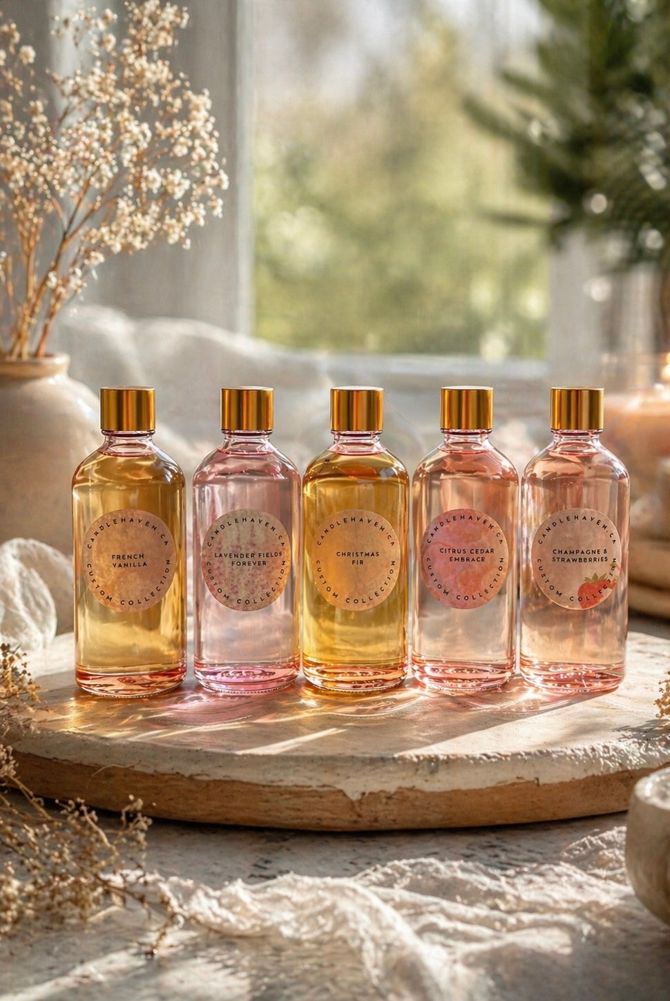 Set of five fragrance oil bottles from candlehaven on a wooden tray with a blurred natural background