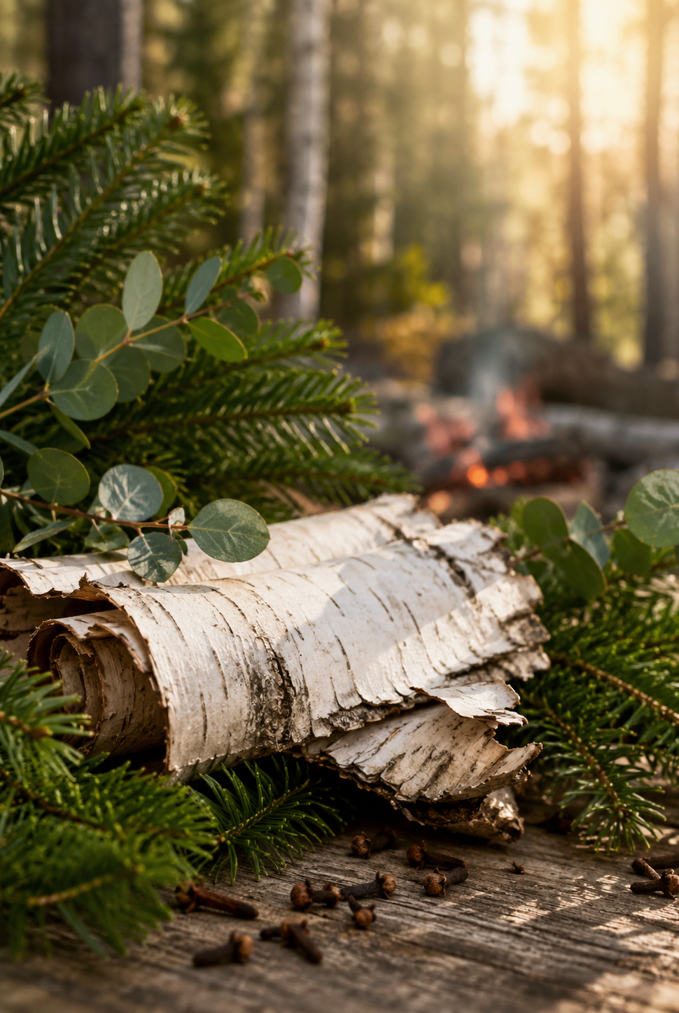 Birch log and greenery on a wooden surface with a forest background depicting Birch & boughs fragrance oil for candle making