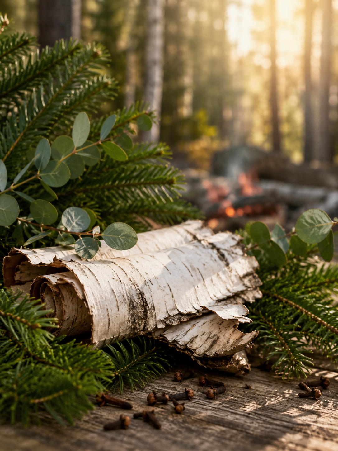 Birch log and greenery on a wooden surface with a forest background depicting Birch & boughs fragrance oil for candle making
