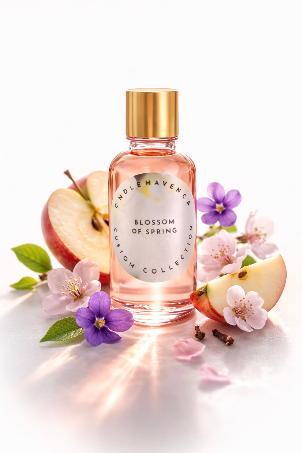 Pink fragrance oil bottle labeled 'Blossom of Spring' surrounded by flowers and fruit on a white background