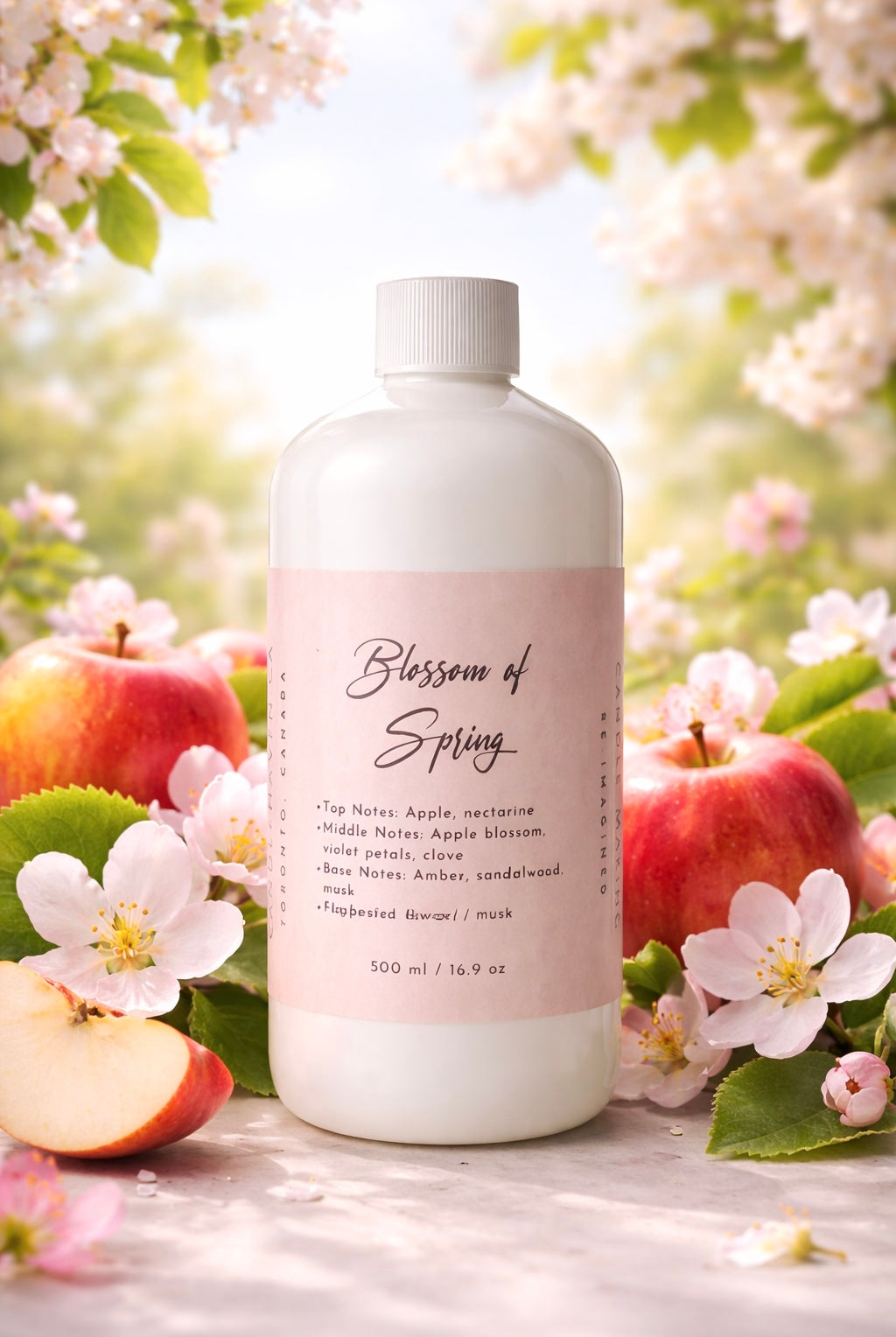 Bottle of 'Blossom of Spring' 500ml candle fragrance oil by Candlehaven.ca with apples and flowers in the background