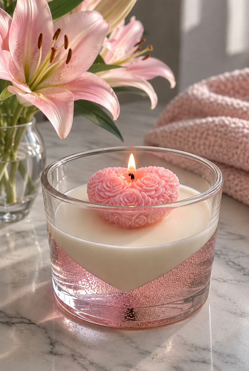 This candle making kit features a heart-shaped pink rose scented candle floating in a clear glass jar filled with pink liquid, set on a marble surface next to pink lilies and a pink knit blanket.