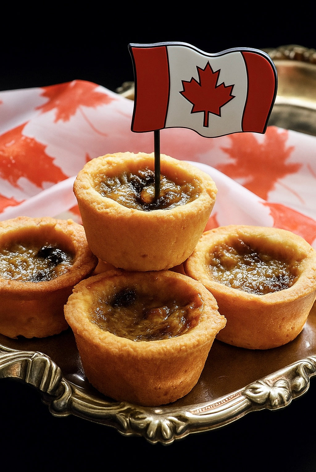 Butter Tarts fragrance Canada | Three butter tarts on a decorative plate with a Canadian flag toothpick.