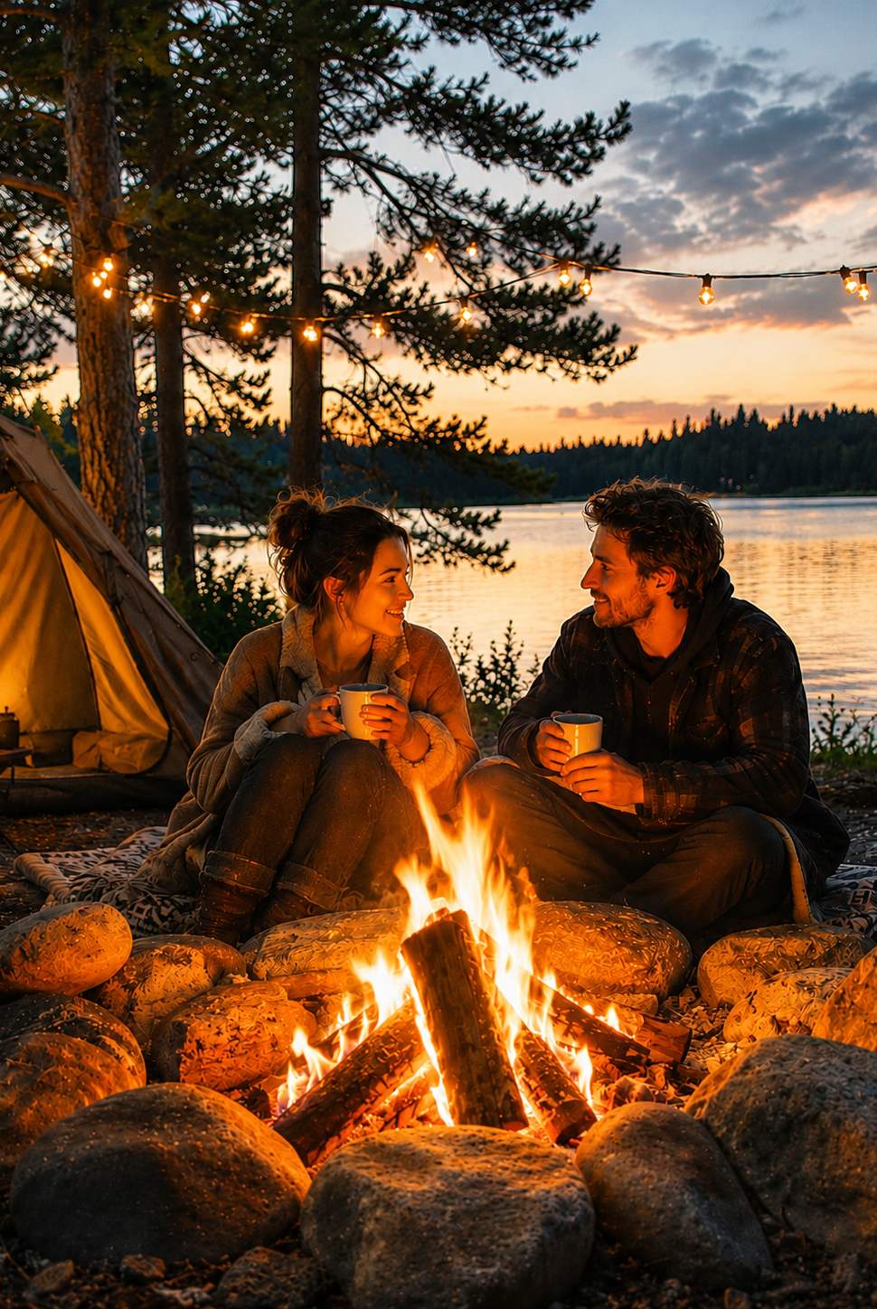Two people sitting by a campfire by a lake at sunset, with a tent in the background.