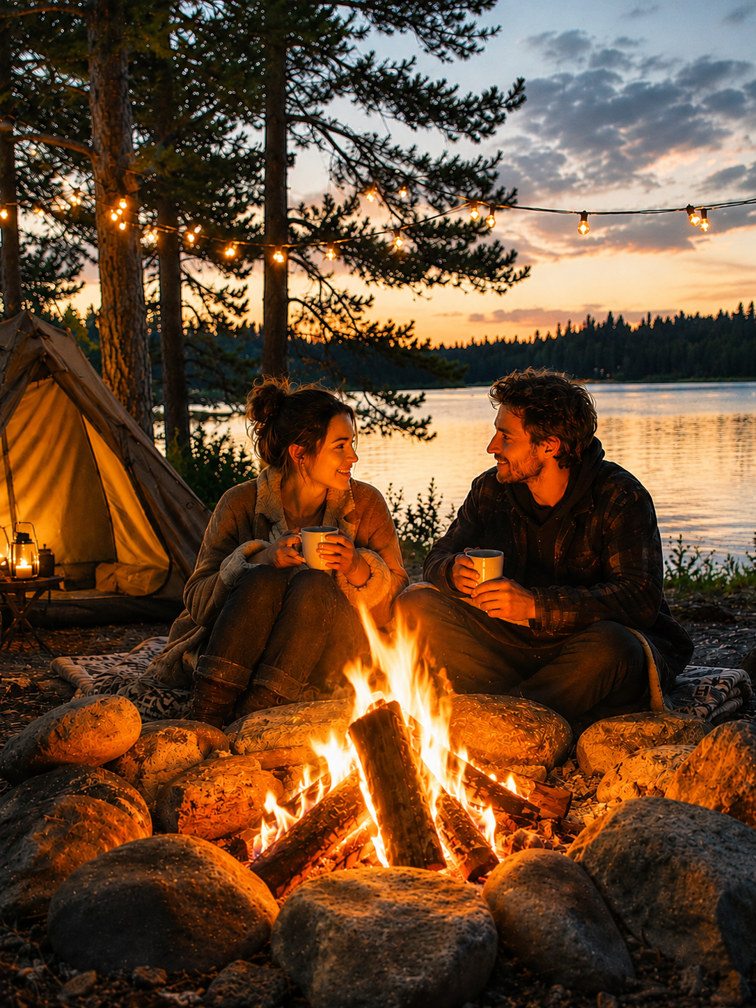 Two people sitting by a campfire by a lake at sunset, with a tent in the background.
