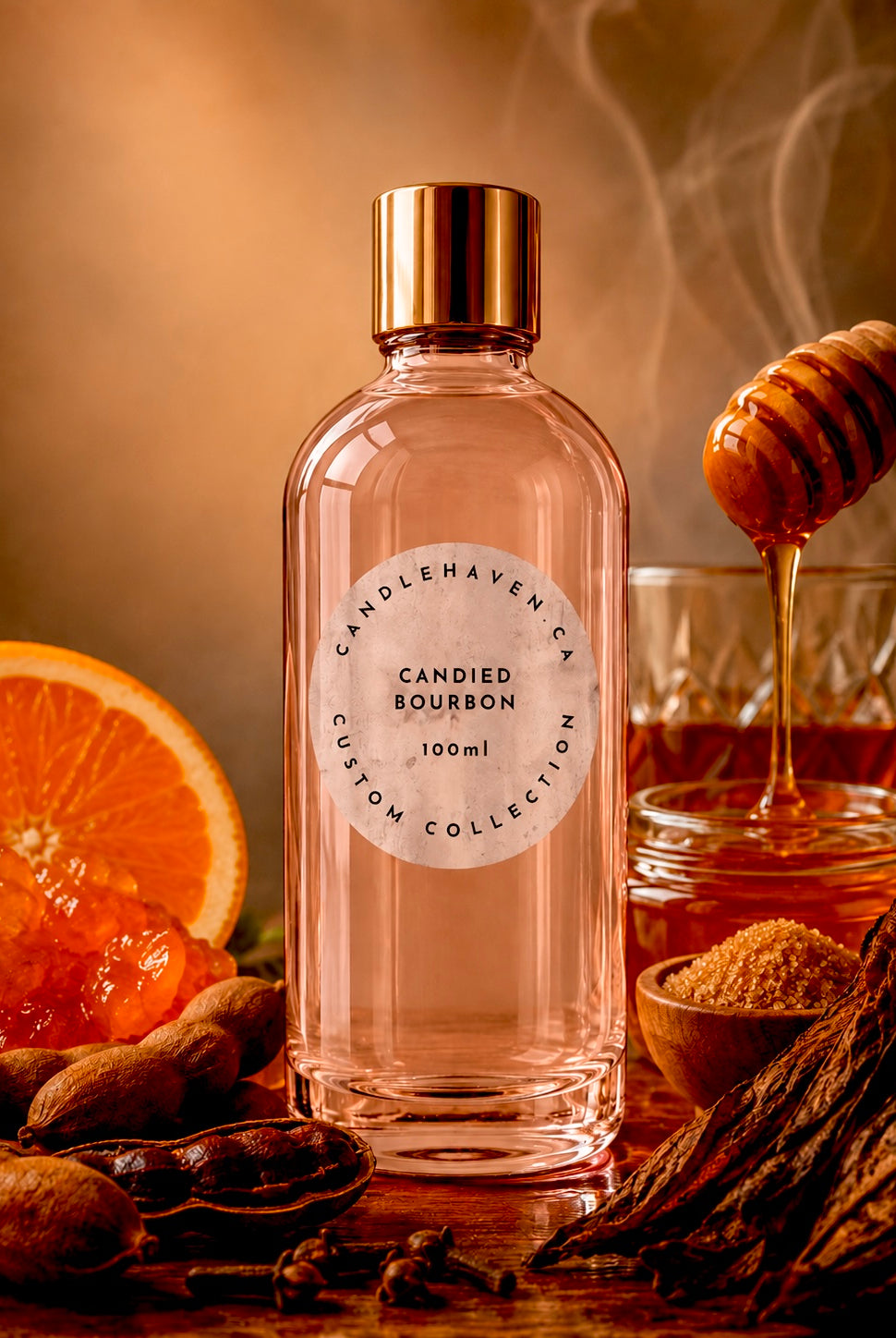 Bottle of candied bourbon fragrance oil by candlehaven used in candle making and soap making