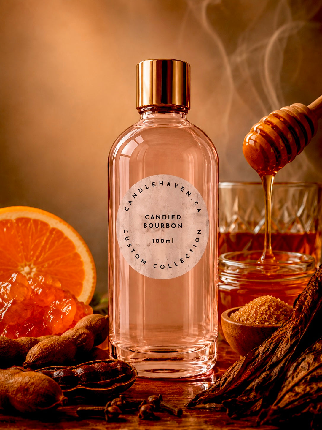 Bottle of candied bourbon fragrance oil by candlehaven used in candle making and soap making