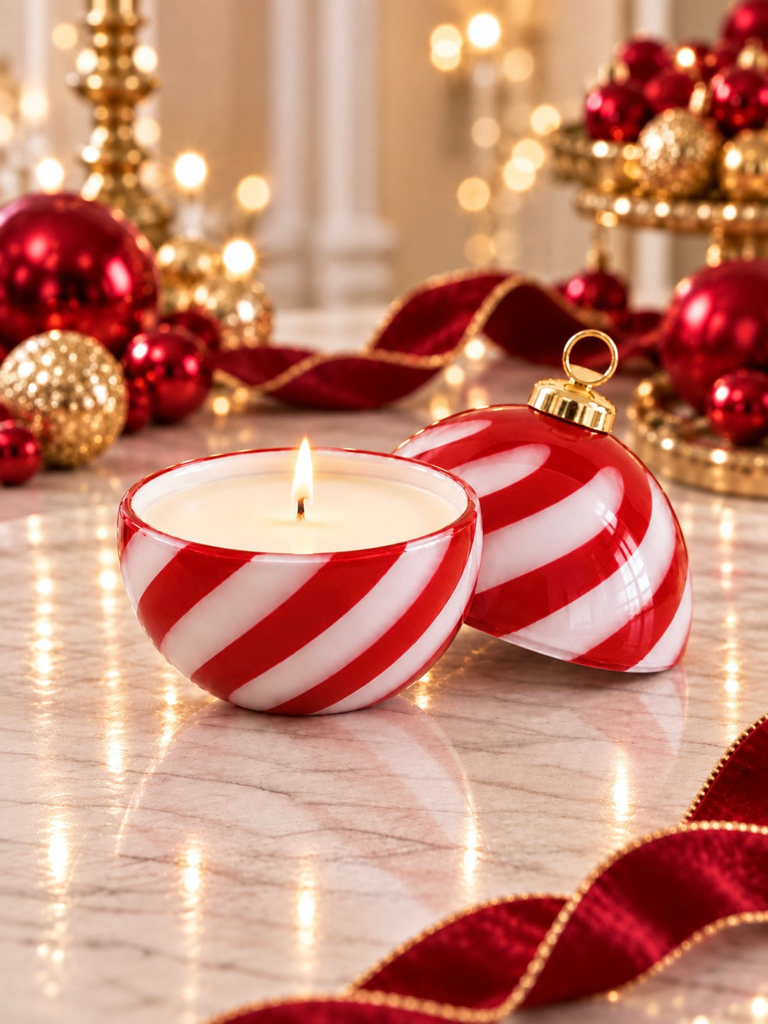 A lit white candle in a red-and-white striped glass holder shaper like a Christmas ball, on a marble surface, with red and gold holiday decorations and warm string lights in the background.