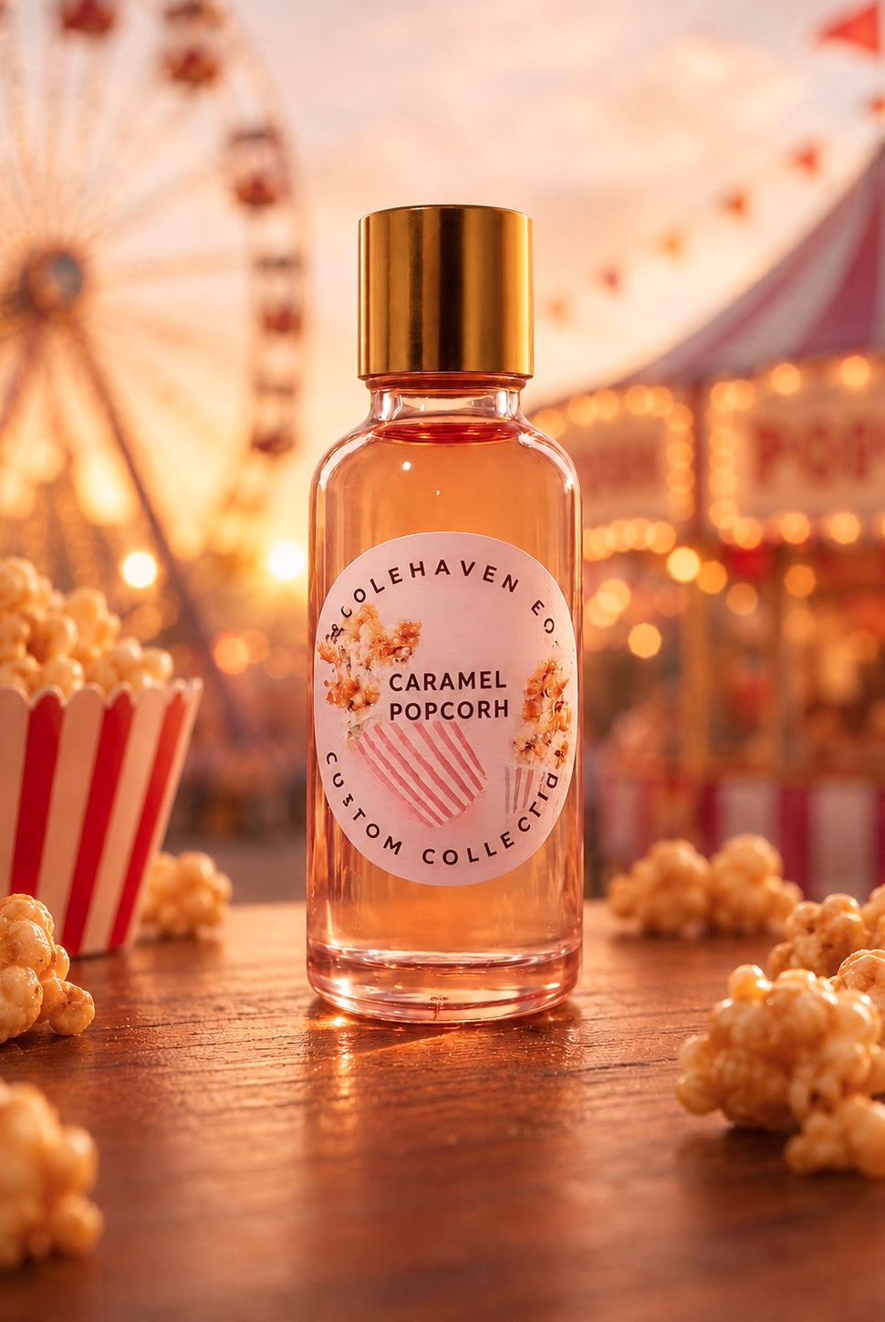 Bottle of caramel popcorn-flavored fragrance oil by candlehaven with popcorn and a Ferris wheel in the background