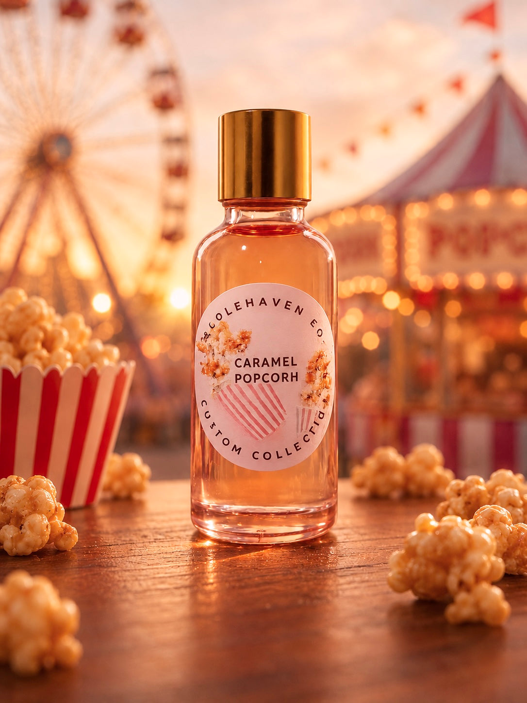 Bottle of caramel popcorn-flavored fragrance oil by candlehaven with popcorn and a Ferris wheel in the background