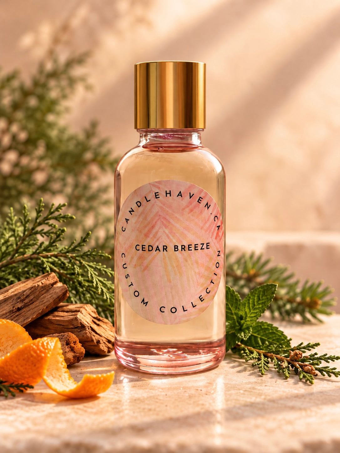 Bottle of Candlehaven’s Cedar Breeze fragrance oil for candle making on a background showing Cedar and an orange peel.
