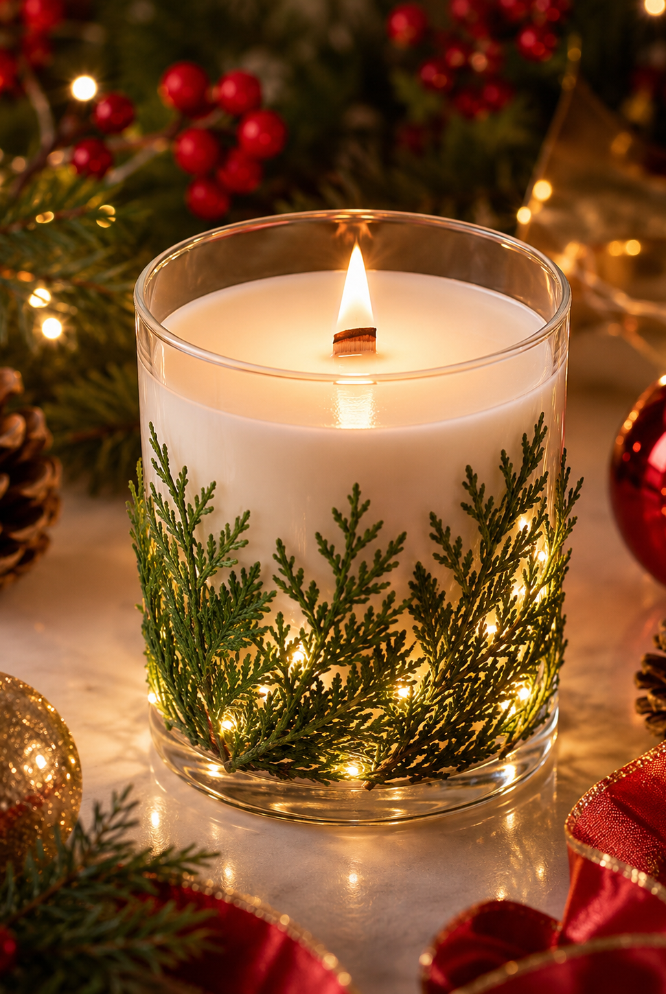 Candle with greenery surrounded by Christmas decorations on a reflective surface