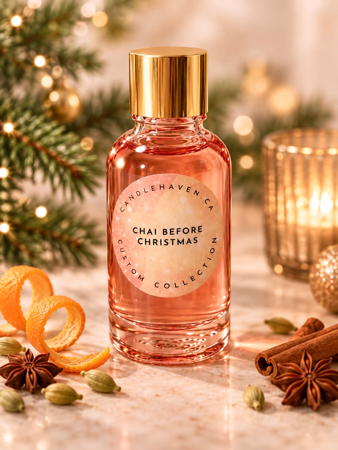 A glass bottle of Chai Before Christmas scented candle by Candlehaven CA, filled with a warm pinkish-orange liquid and topped with a metallic gold cap. The bottle is styled on a marble surface with festive holiday ingredients including cinnamon sticks, star anise, cardamom pods, orange peel curls, and evergreen branches with warm bokeh lights in the background.