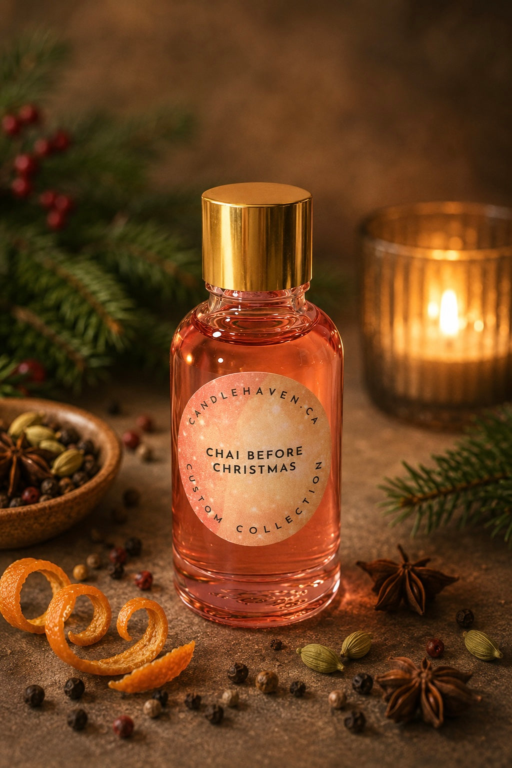 Bottle of 'Chai Before Christmas' candle fragrance by candlehaven.ca with festive elements on a textured surface