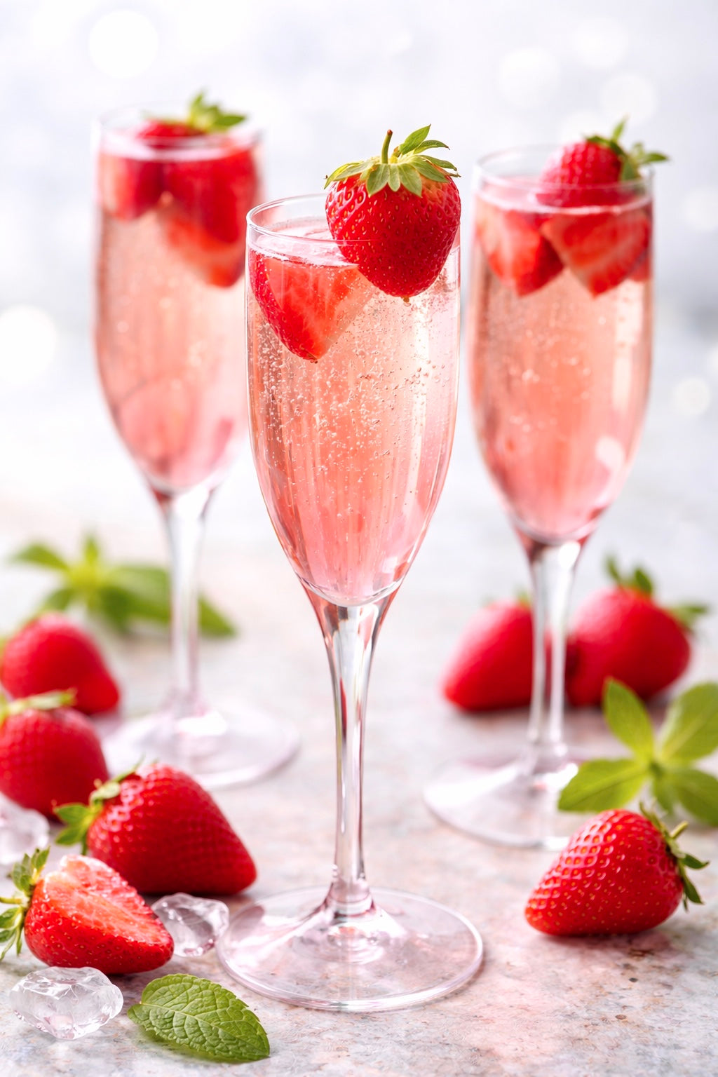Three champagne flutes filled with champagne and strawberries depicting the candle fragrance oil Champagne and Strawberries by Candlehaven