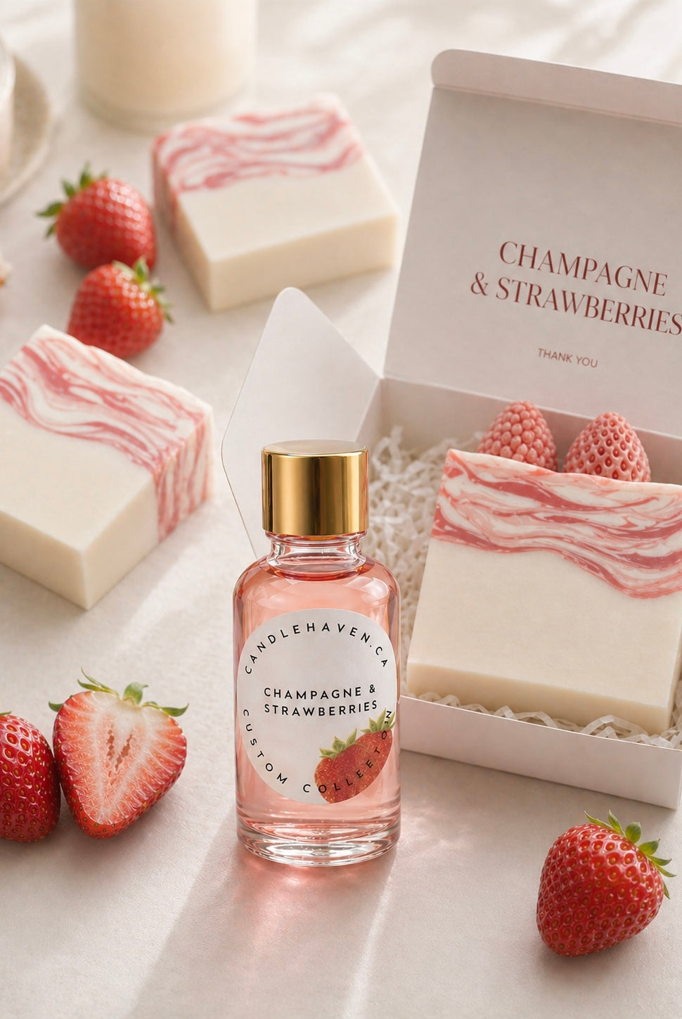 Champagne and strawberries fragrance oil and homemade soaps on a light background