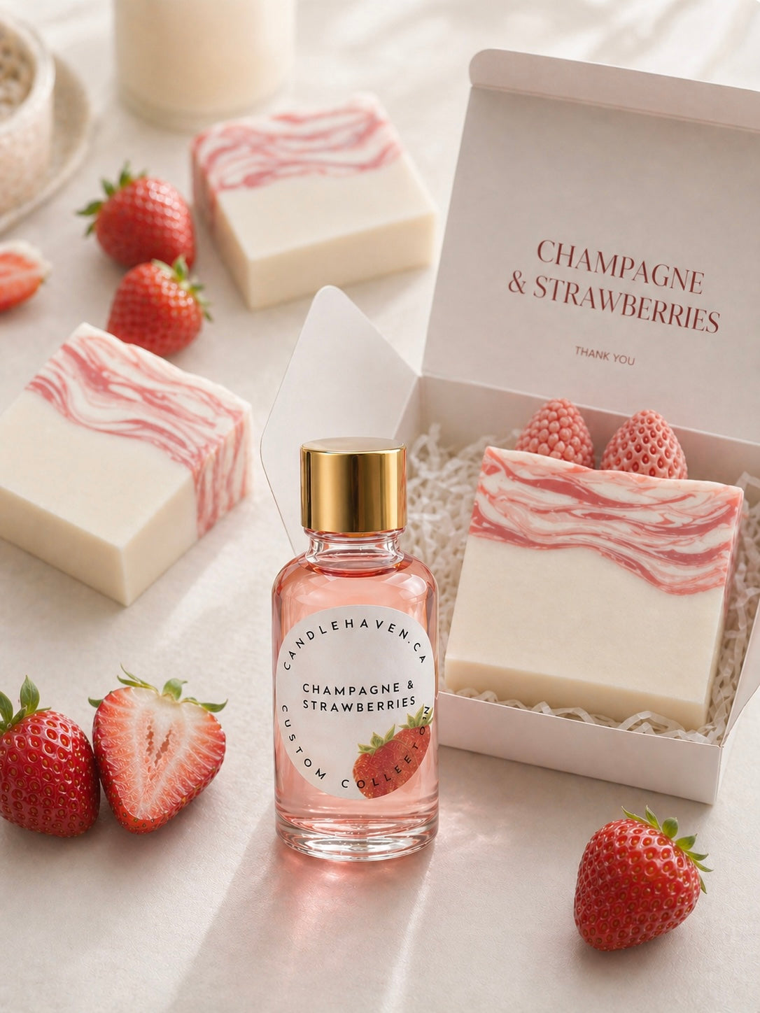 Champagne and strawberries fragrance oil and homemade soaps on a light background