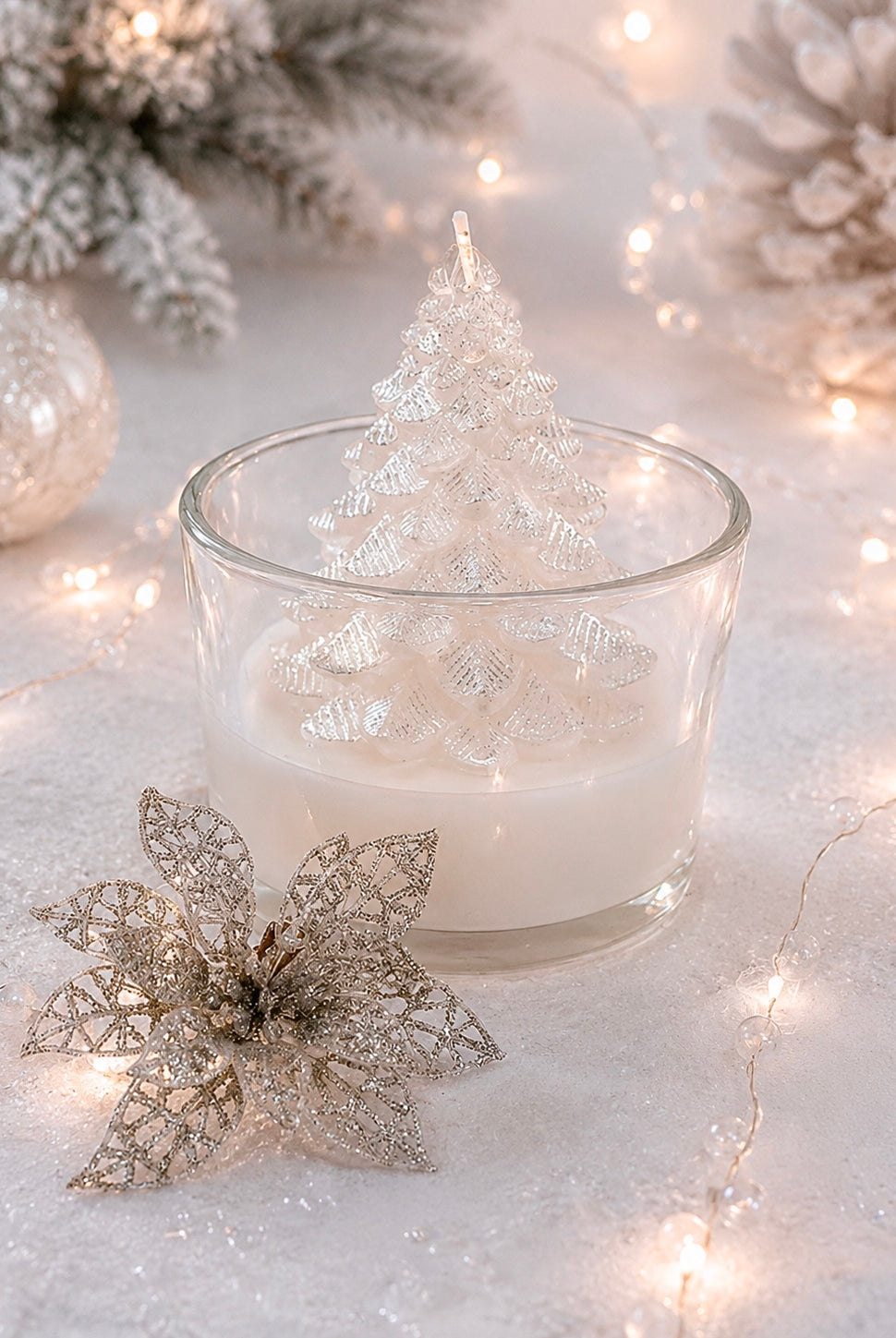 Decorative candle with a small tree inside, surrounded by festive lights and ornaments.