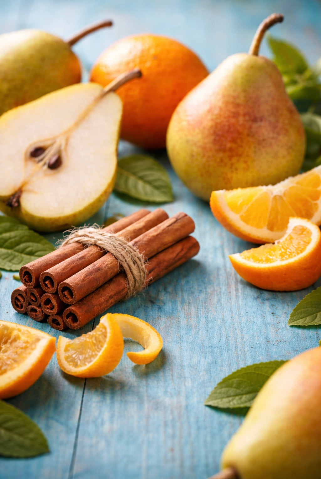 Pears, oranges, and cinnamon sticks on a blue wooden surface depicting a fragrance oil for soap and candle making from candlehaven