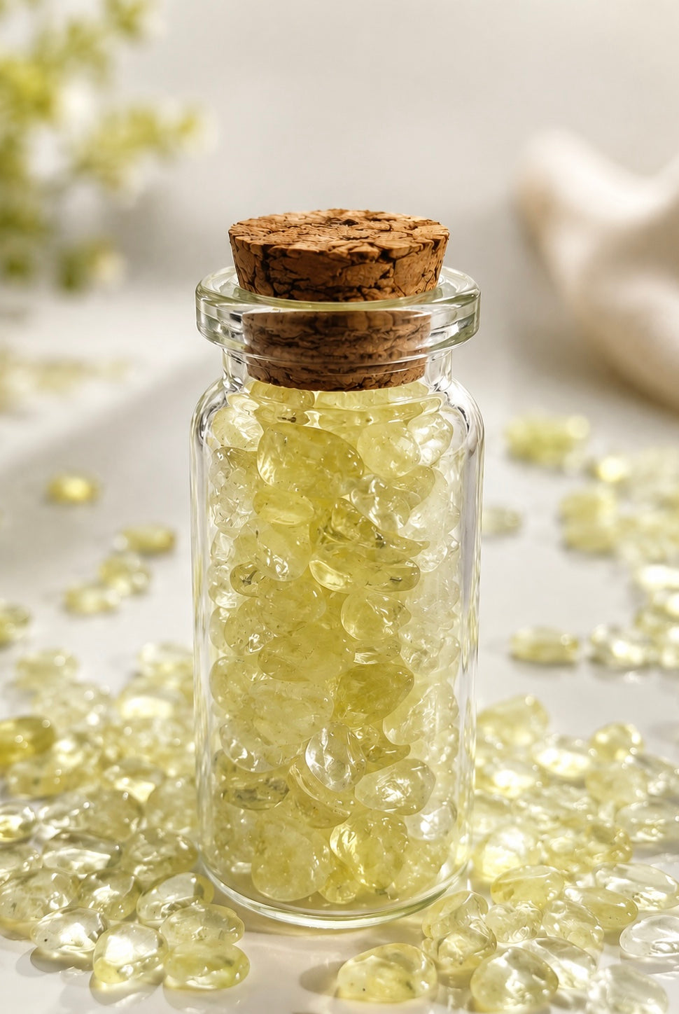 Small glass jar with cork lid filled with light yellow citrine stones, surrounded by more citrine mini chips on a light background.