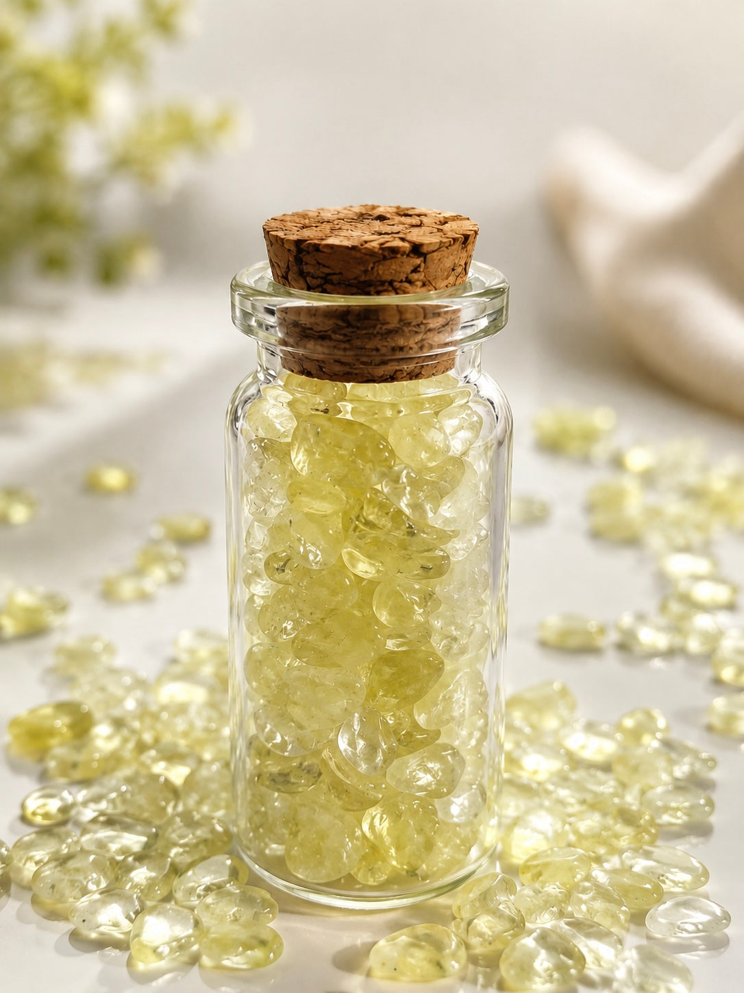 Small glass jar with cork lid filled with light yellow citrine stones, surrounded by more citrine mini chips on a light background.