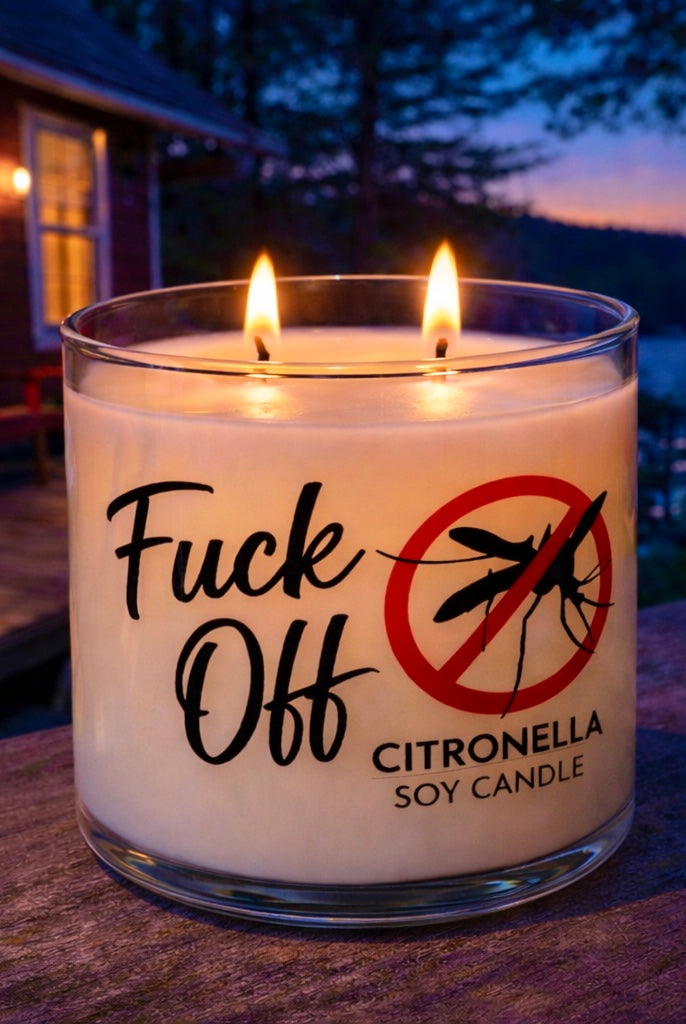 DIY citronella candle in glass vessel glowing outdoors at night, made with soy wax and fragrance oil from Candlehaven Canada