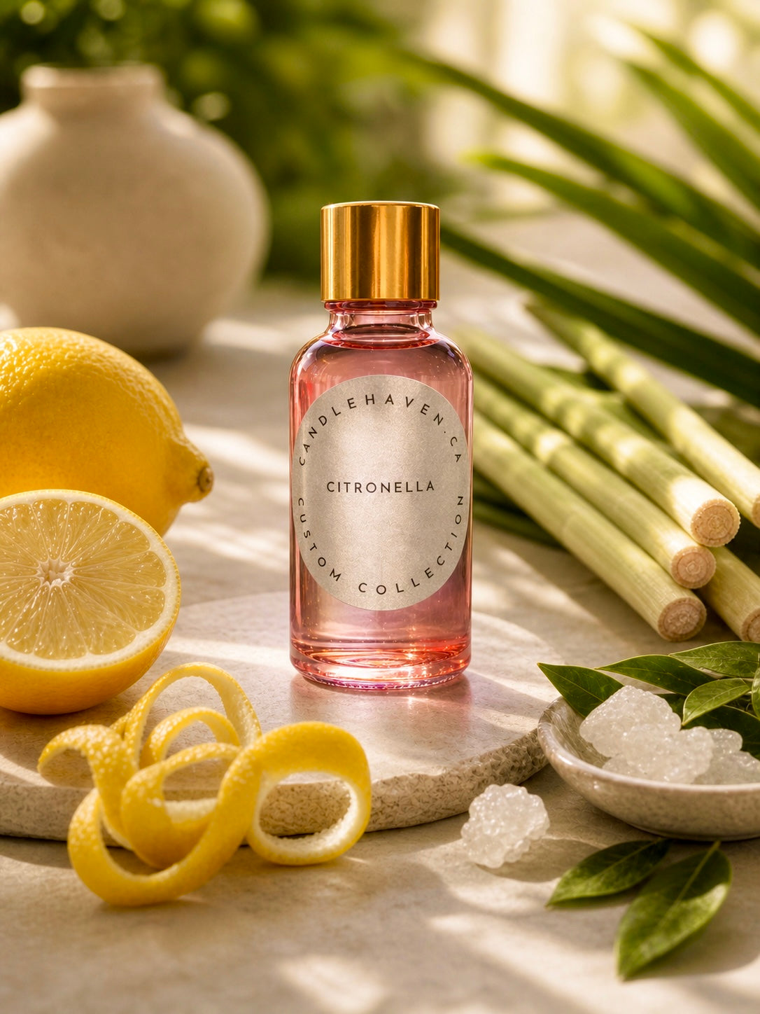 Pink bottle of citronella fragrance oil for candle making with lemon peel and lemon grass and camphor in the background