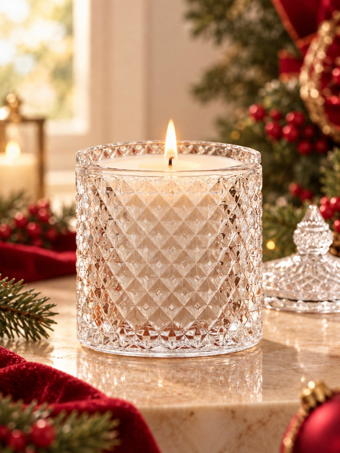Geocut clear vessel with a candle inside with pointed lid on a background that is Christmas themed