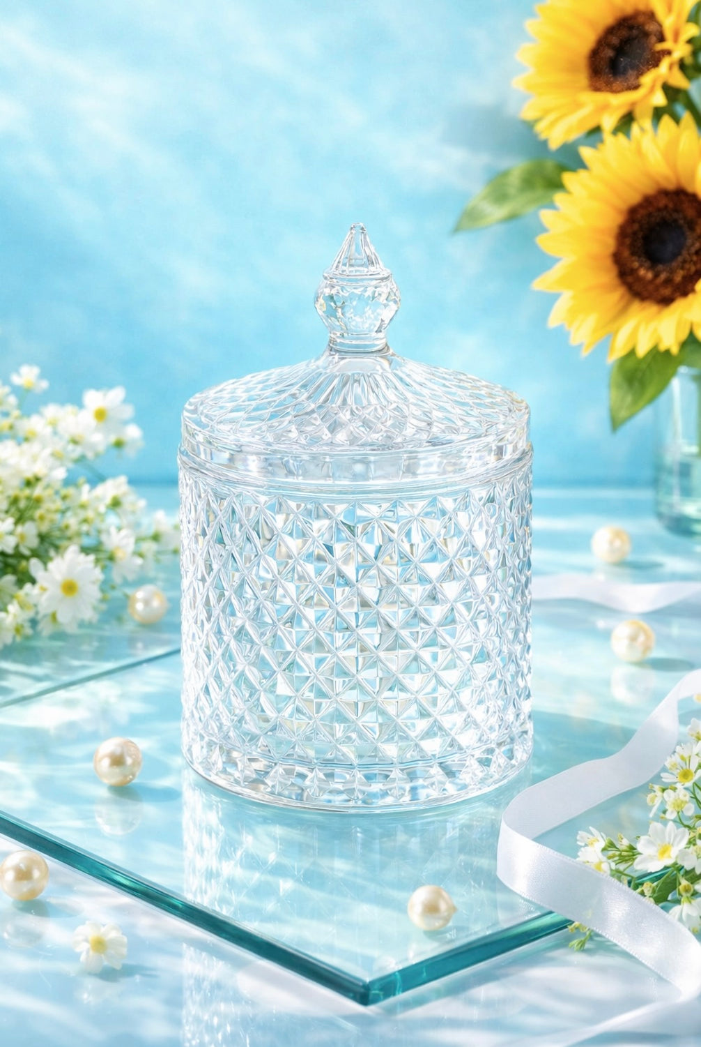 Clear glass geo cut candle vessel with lid on a light blue surface with sunflowers and pearls.