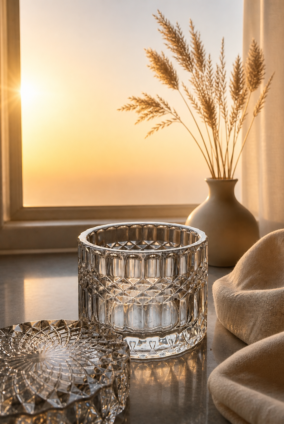 Decorative get cut clear glass candle jar with a vase of dried grasses on a reflective surface.