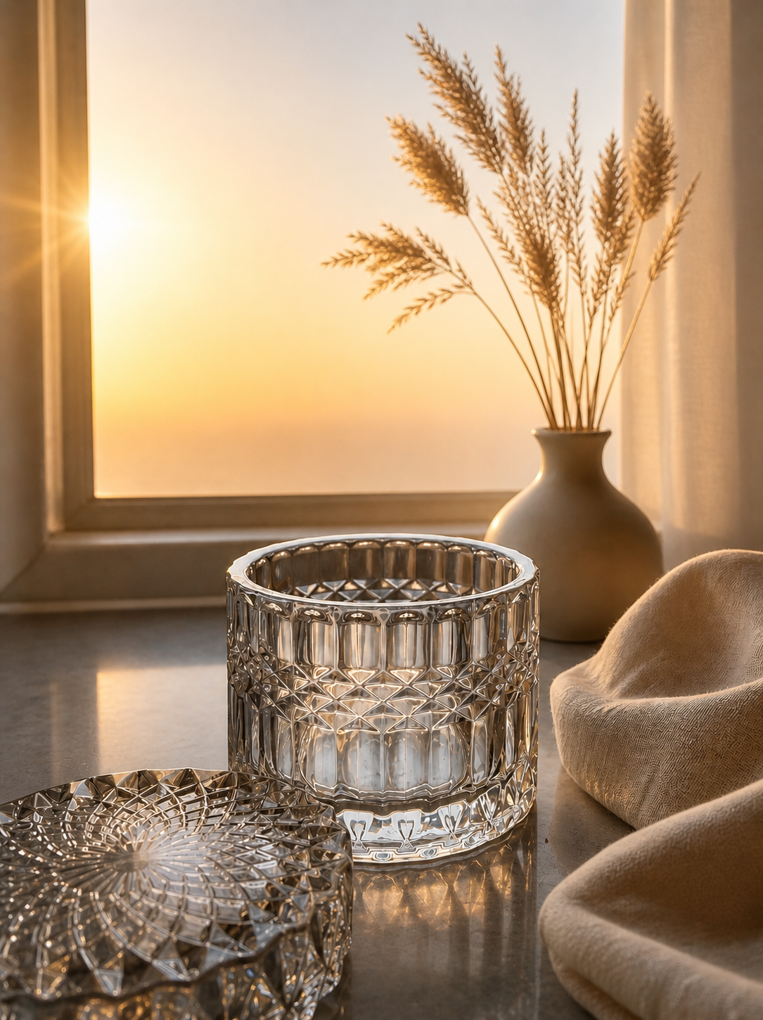 Decorative get cut clear glass candle jar with a vase of dried grasses on a reflective surface.
