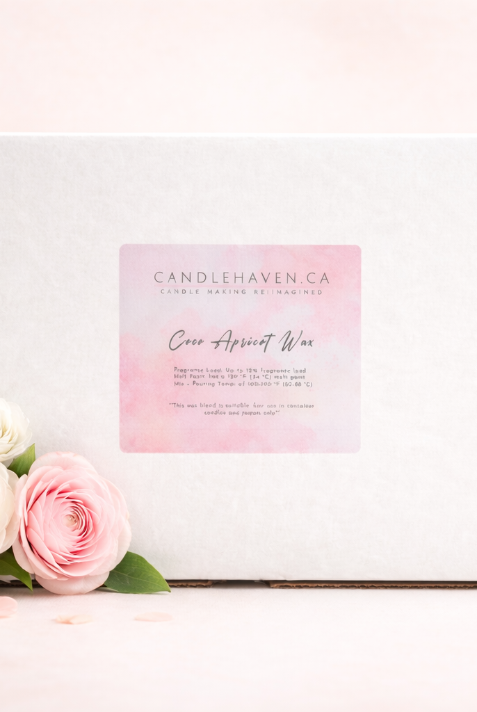Coco apricot candle wax in white box with flowers on a light background