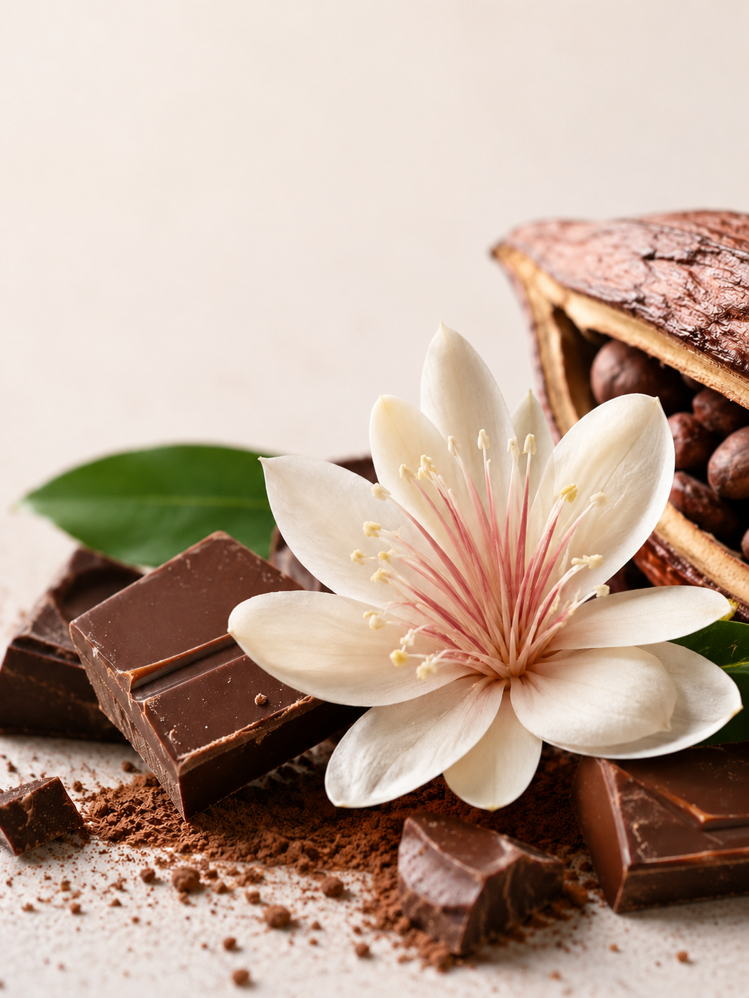 Chocolate pieces and a white flower on a light background depicting Cocoa Bloom fragrance oil for candle making
