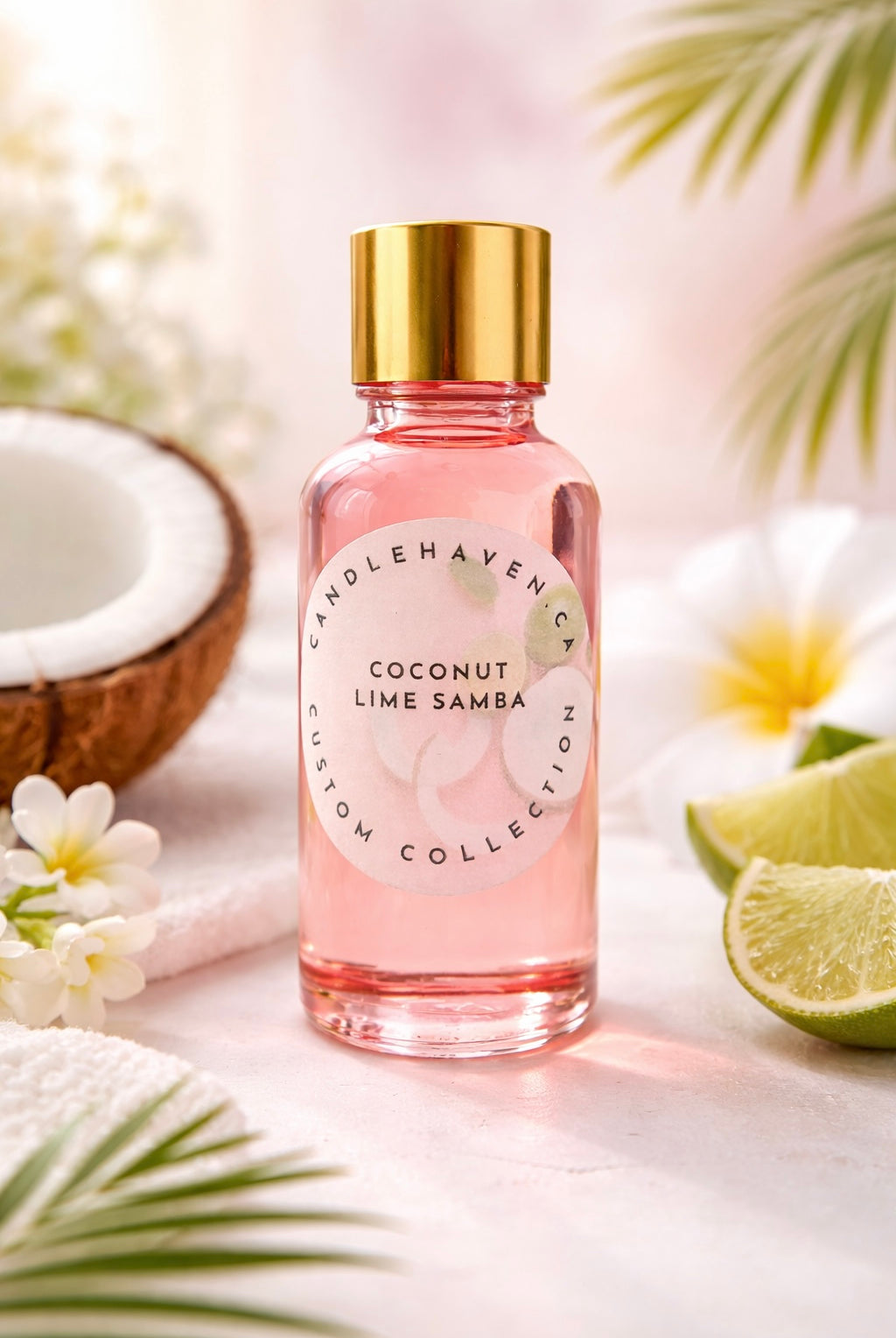 Coconut Lime Samba fragrance oil bottle for Candle making with gold cap on a light background with coconut and lime slices.