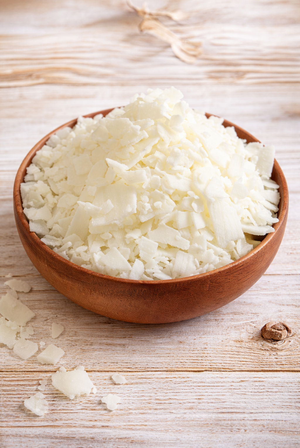 Coco soy wax for candle making in a wooden bowl on a light background