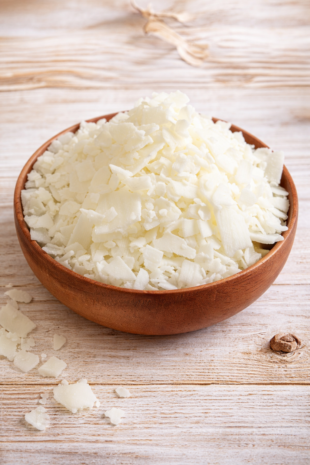 Coco soy wax for candle making in a wooden bowl on a light background
