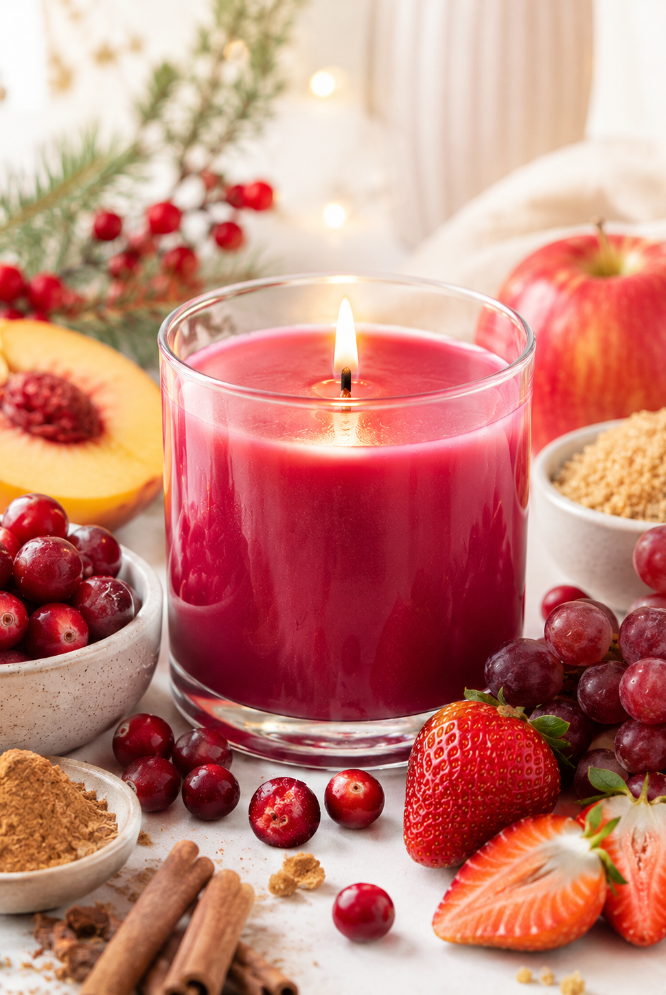 Cranberry scented candle surrounded by fruits and spices on a wooden surface